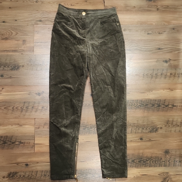 Balmain Paris Luxury Bold Gold Zipper Ankle Velvet Straight Olive Pants 40 US 8,All Products : American Fashion Style Bags On Sale